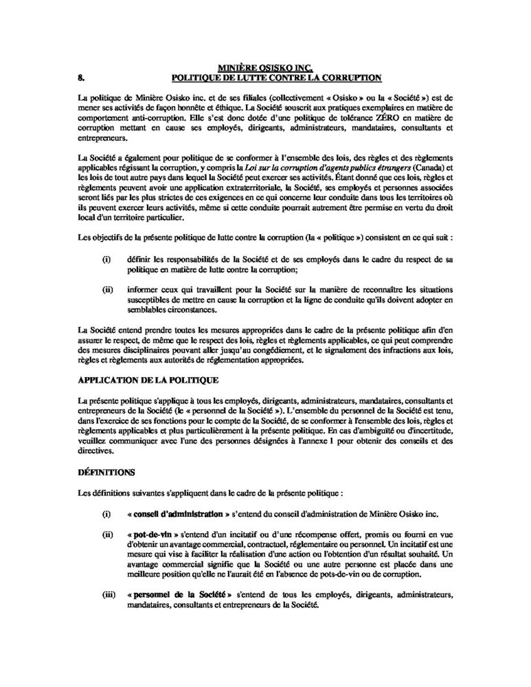 Osisko Mining – Anti Bribery and Anti Corruption Policy (2020)-French