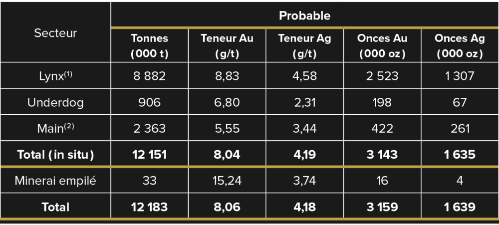 Tableau 1 – Réserves Minérales de Windfall