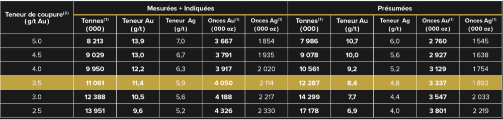 Tableau 3 – Sensibilité de l’estimation des ressources minérales